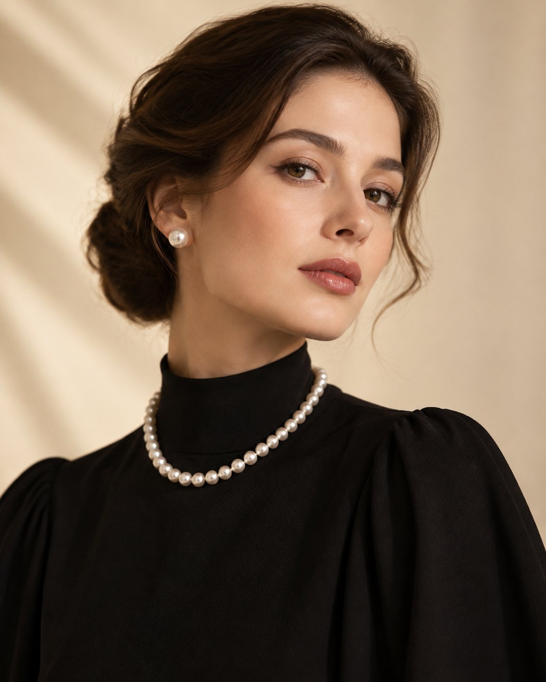 A model wearing the Nacre pearl strand