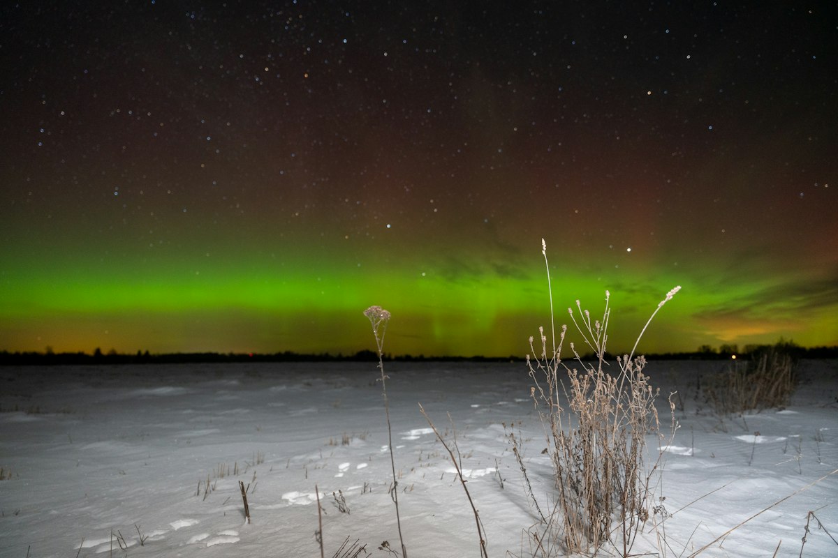Aurora over a snowy field at night